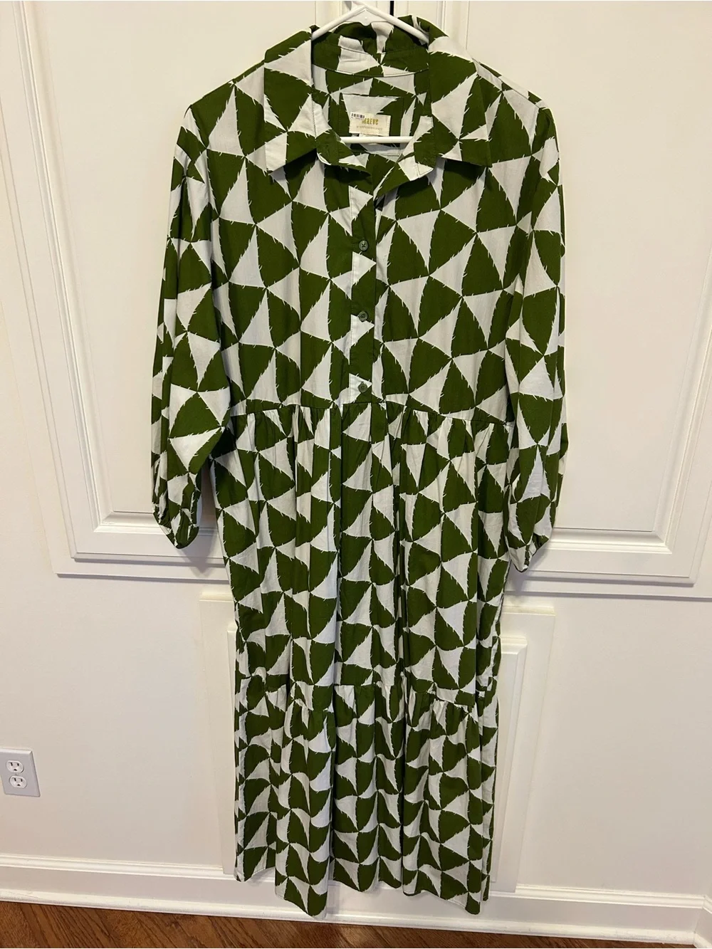 Anthropologie Maeve Bettina Green and White Geometric Midi Dress - Picture 2 of 2